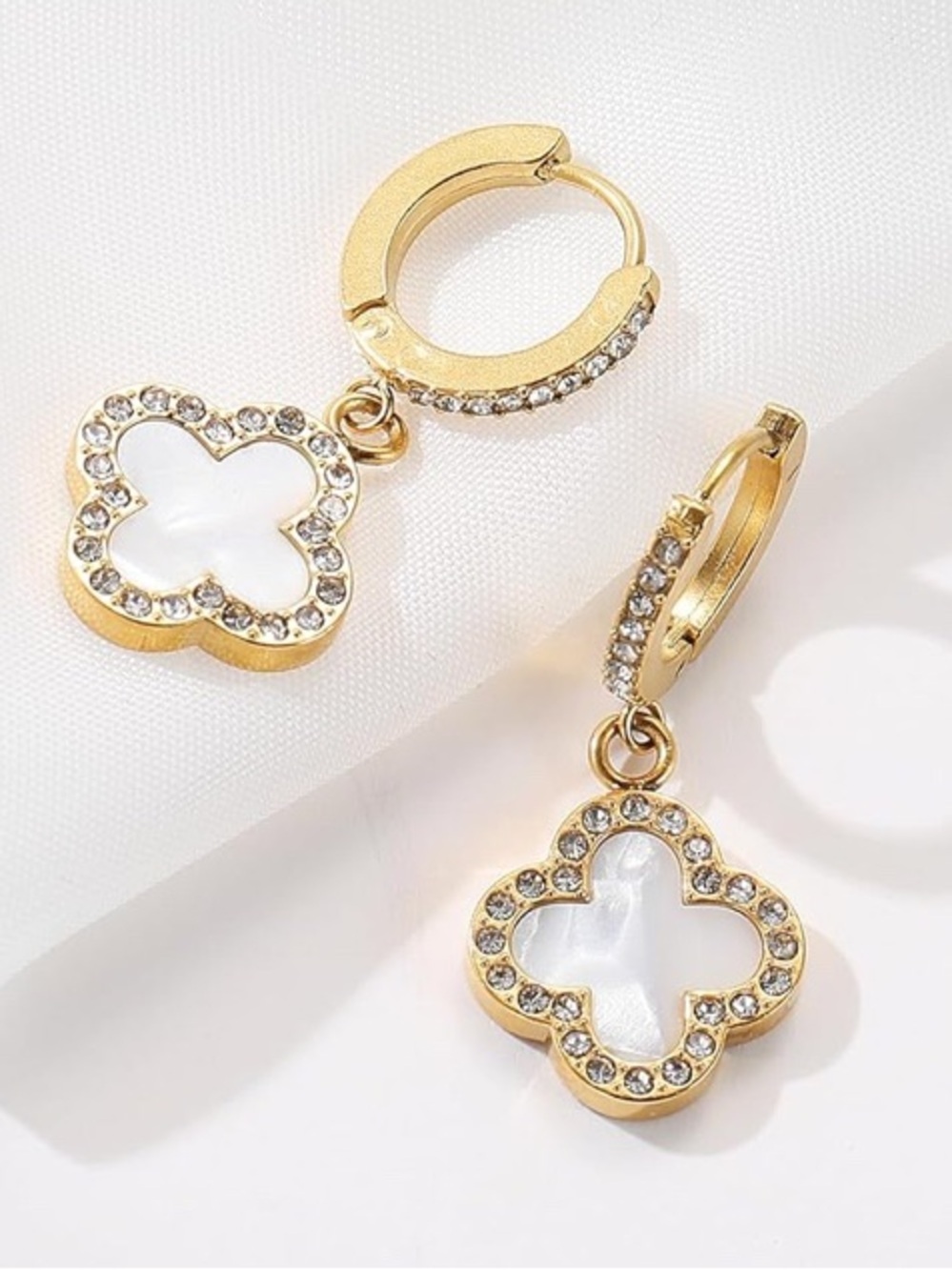 18k Gold Plated Clover Drop Earrings White Pearl